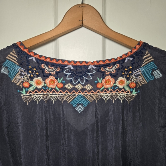 Johnny Was Grey Embroidered Tunic Blouse Sheer Gypsy Bohemian Hippie Size L - Picture 11 of 14